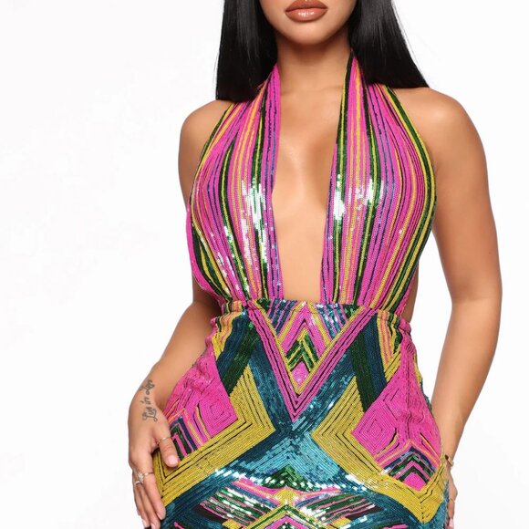 NWT Fashion Nova Colorful Sequin Halter Dress - Picture 1 of 6